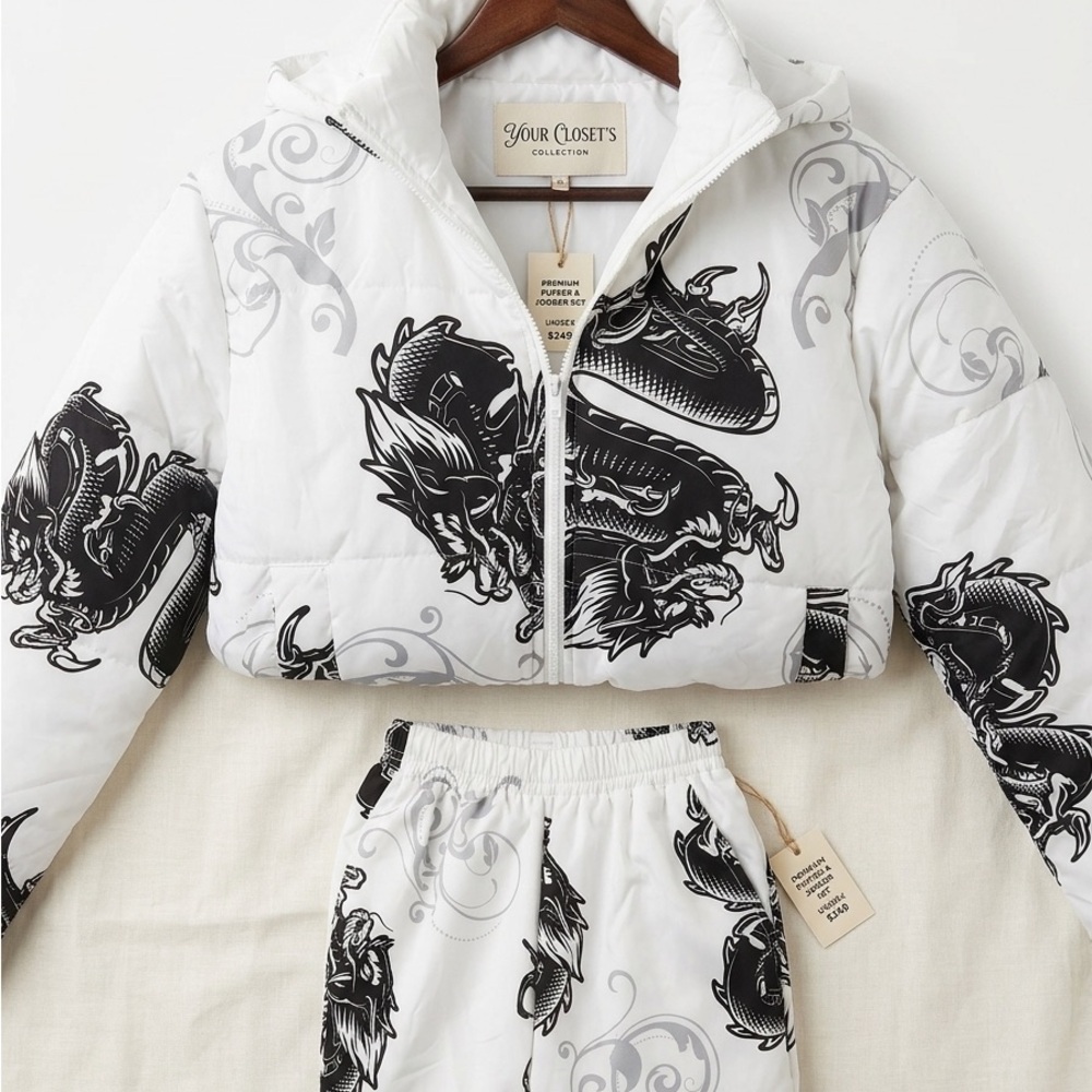 Y2K White and Black Dragon Print Cropped Hooded Jacket - Women Tops with pants